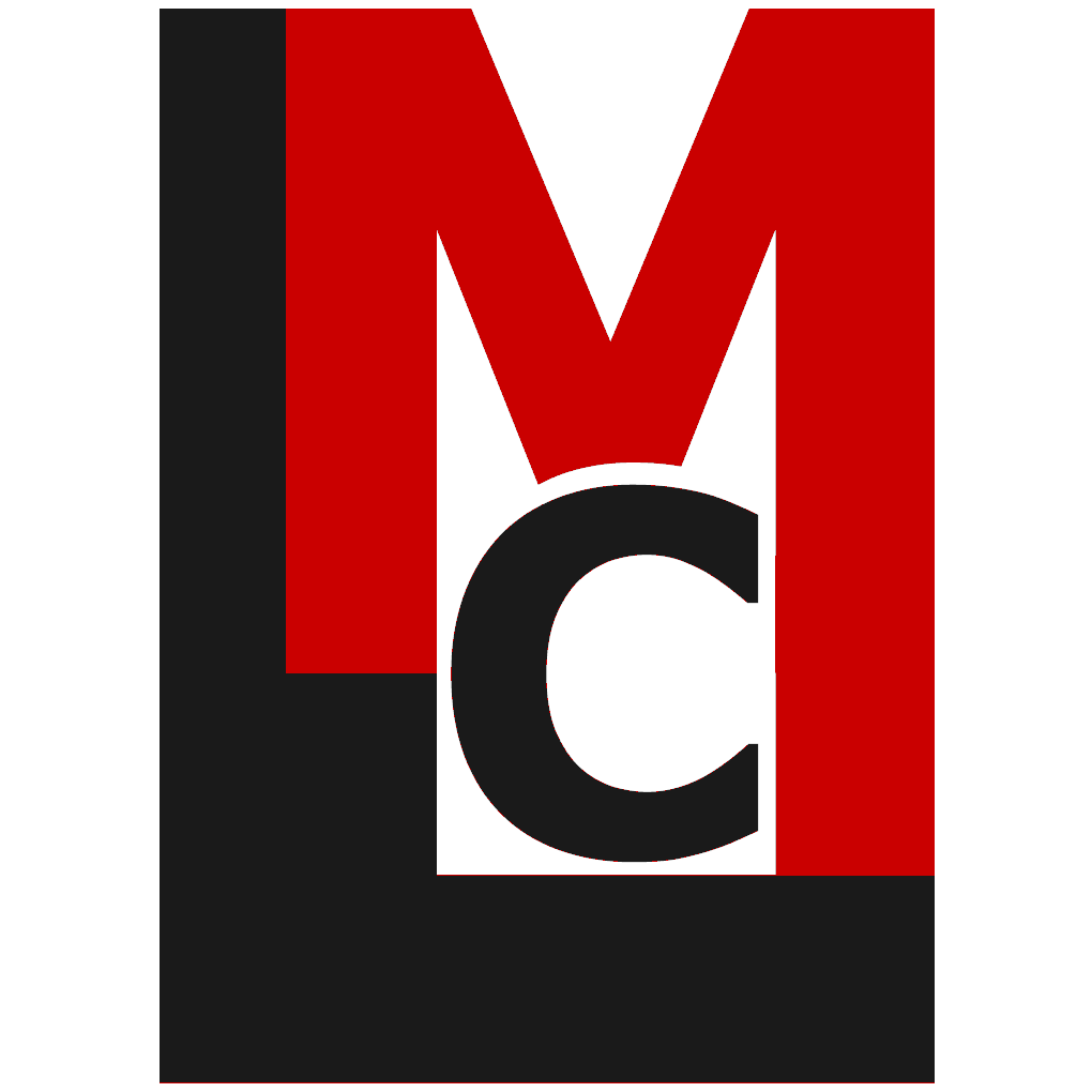 Logo of the Luisto Mathematics Consulting trade name. It is the letters LMC assorted on top of each other, with the letter M dark red and the two others in black.