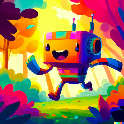 Novel-Like Image - A colourful robot running happily through the bright woods